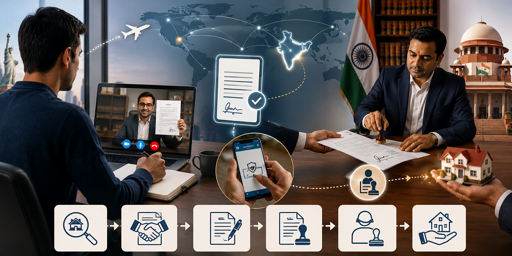 NRI completing Indian property sale paperwork remotely through a secure online process with legal verification in India. 
